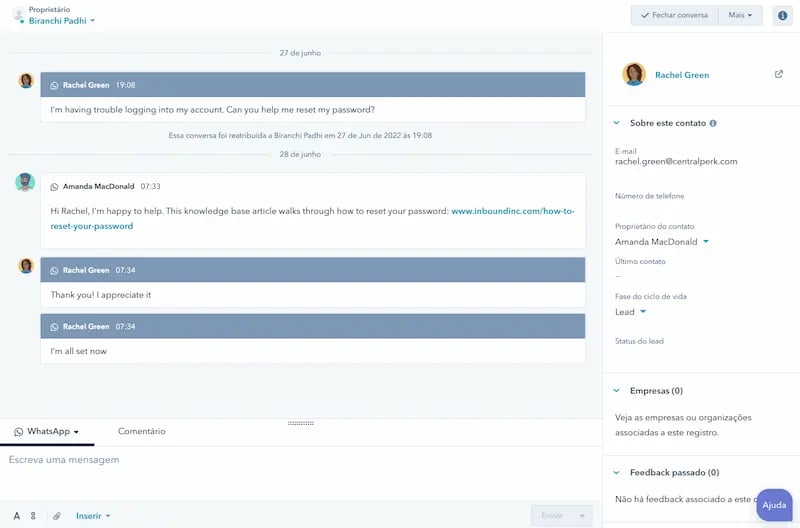 Exibição de uma conversa pelo WhatsApp sendo realizada através da caixa de entrada do HubSpot