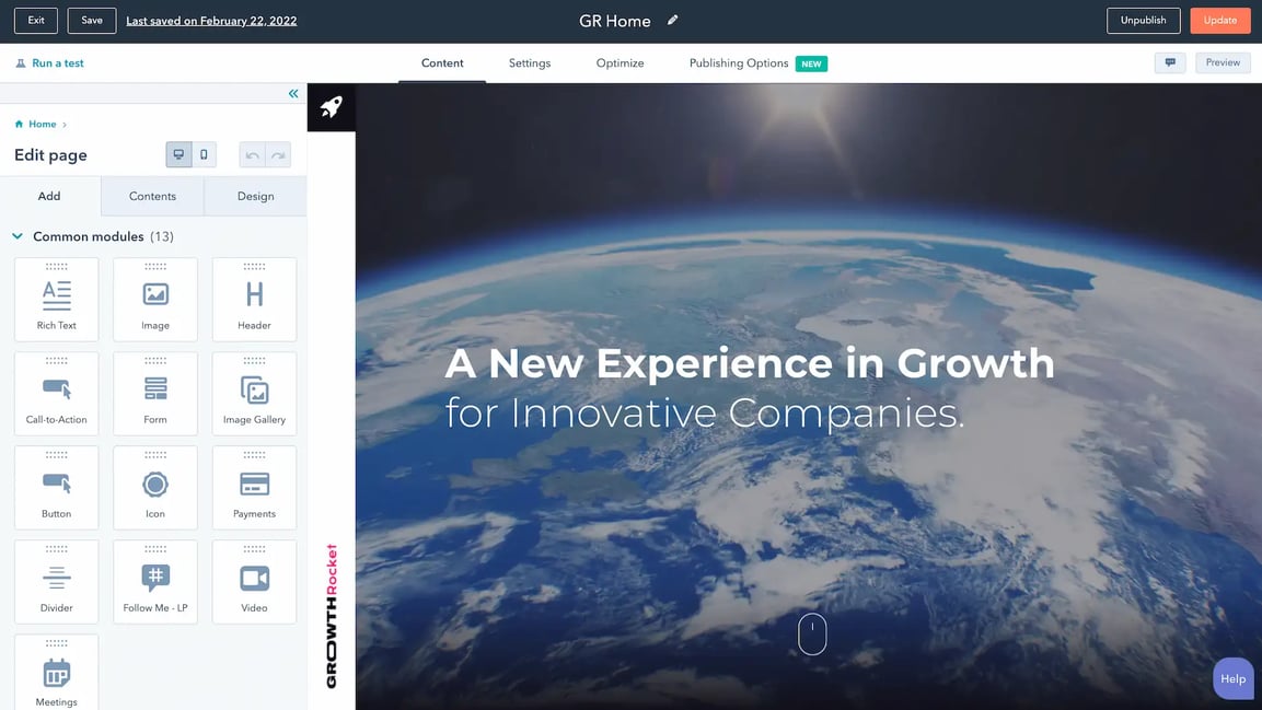 Exemplo da tela de clicar-e-arrastar módulos do HubSpot CMS