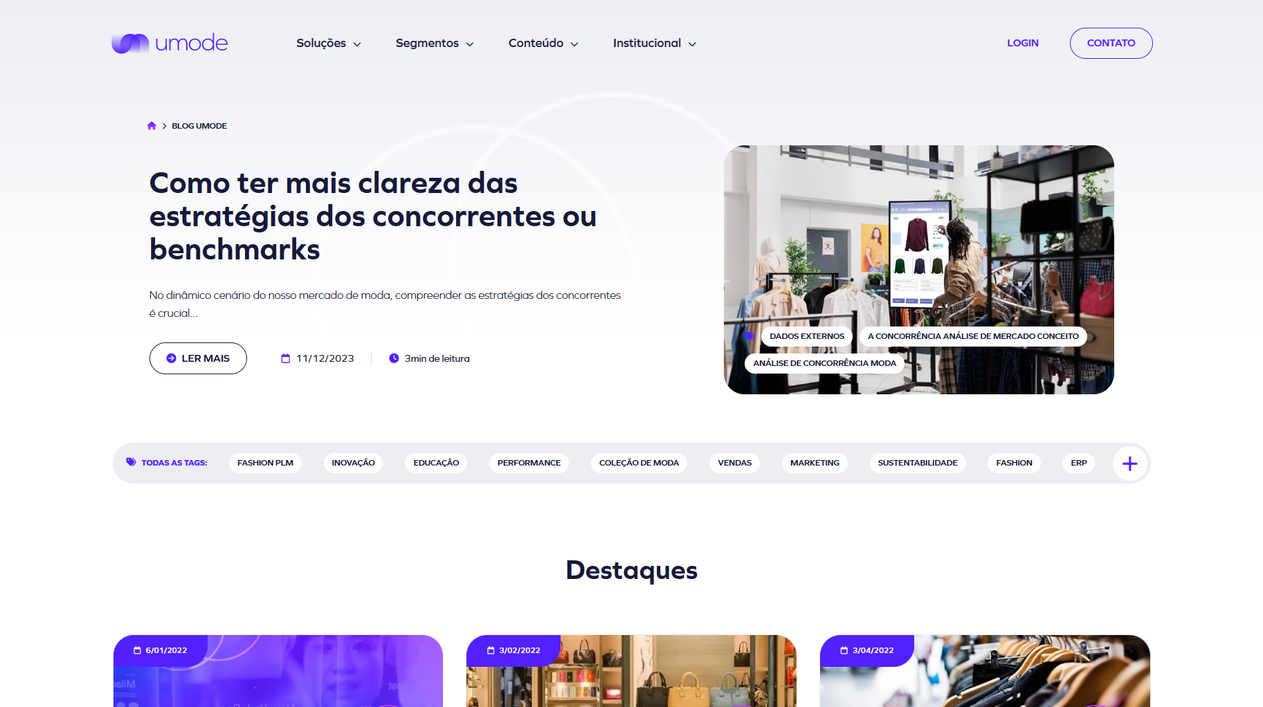 Imagem de tela do novo blog da uMode, com organização por tags e indicação de post destacado
