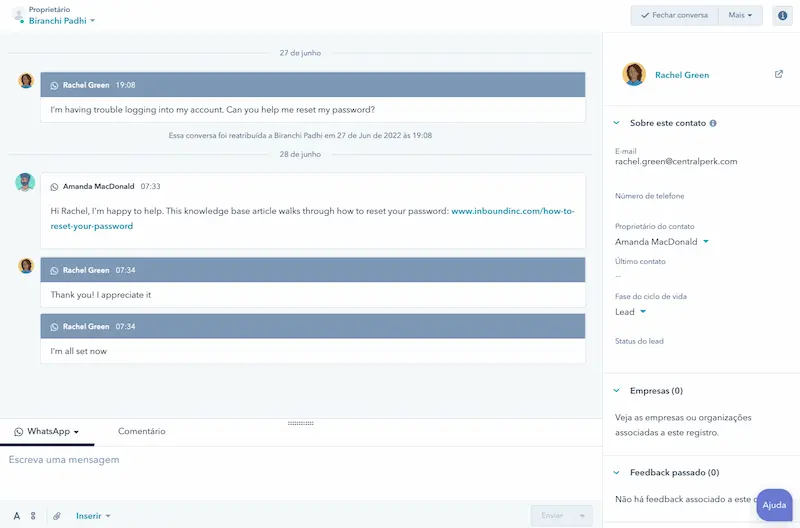 Exibição de uma conversa pelo WhatsApp sendo realizada através da caixa de entrada do HubSpot