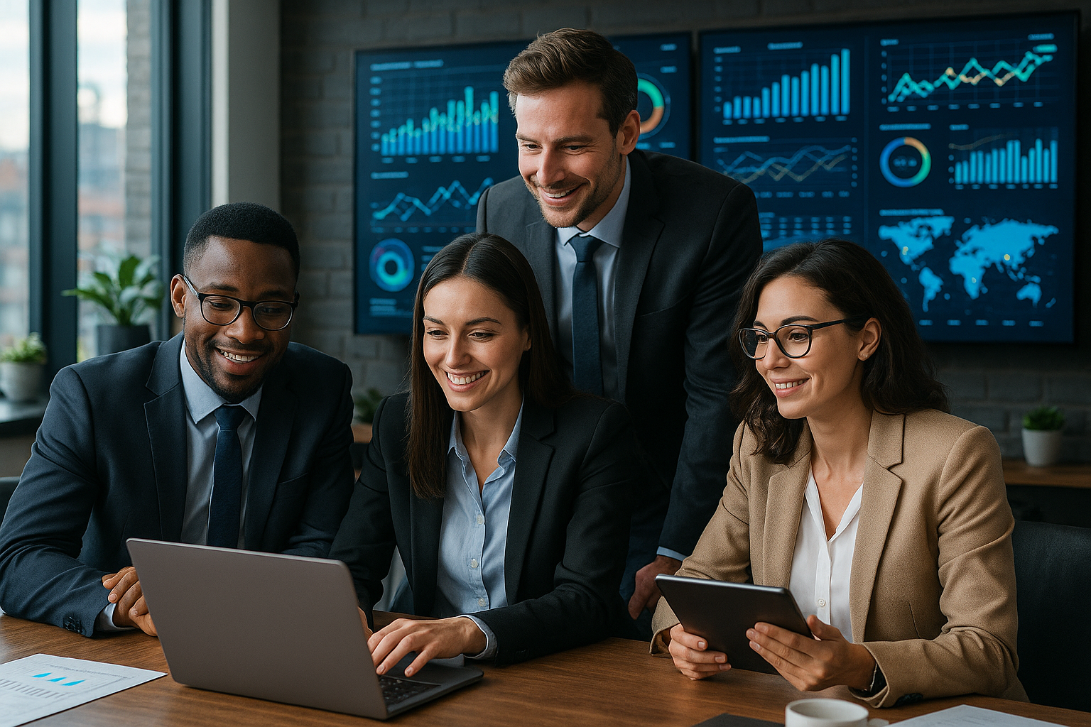 Business team using AI dashboards and analytics, surrounded by digital data visualizations in a modern office setting